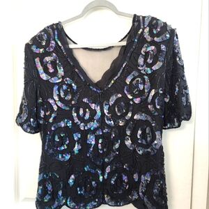 Leslie Fay Black Top with Blue  Silk Sequin Design Top